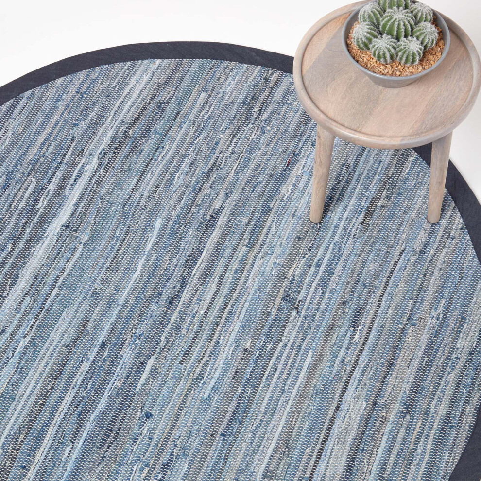 (150 cm Round) Blue Denim Handwoven Striped Chindi Rug