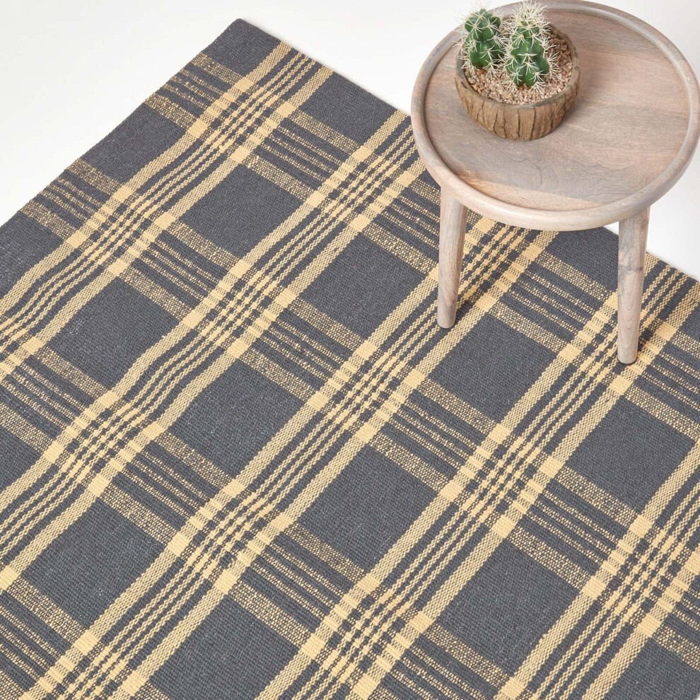 (70 x 120 cm, Grey & Yellow) Tartan Check Non-Slip 100% Wool Rug