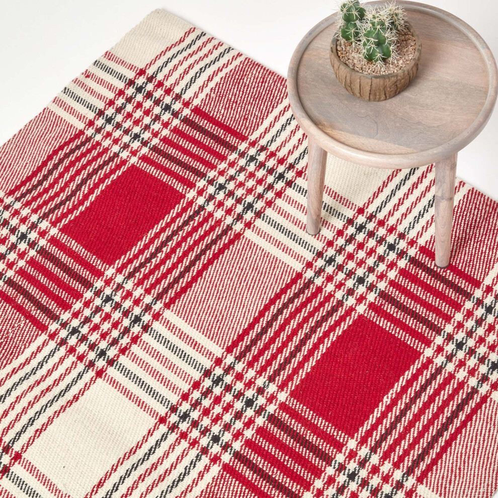 Homescapes (70 X 120 Cm, Red And White) Tartan Check Non-Slip 100% Wool Rug