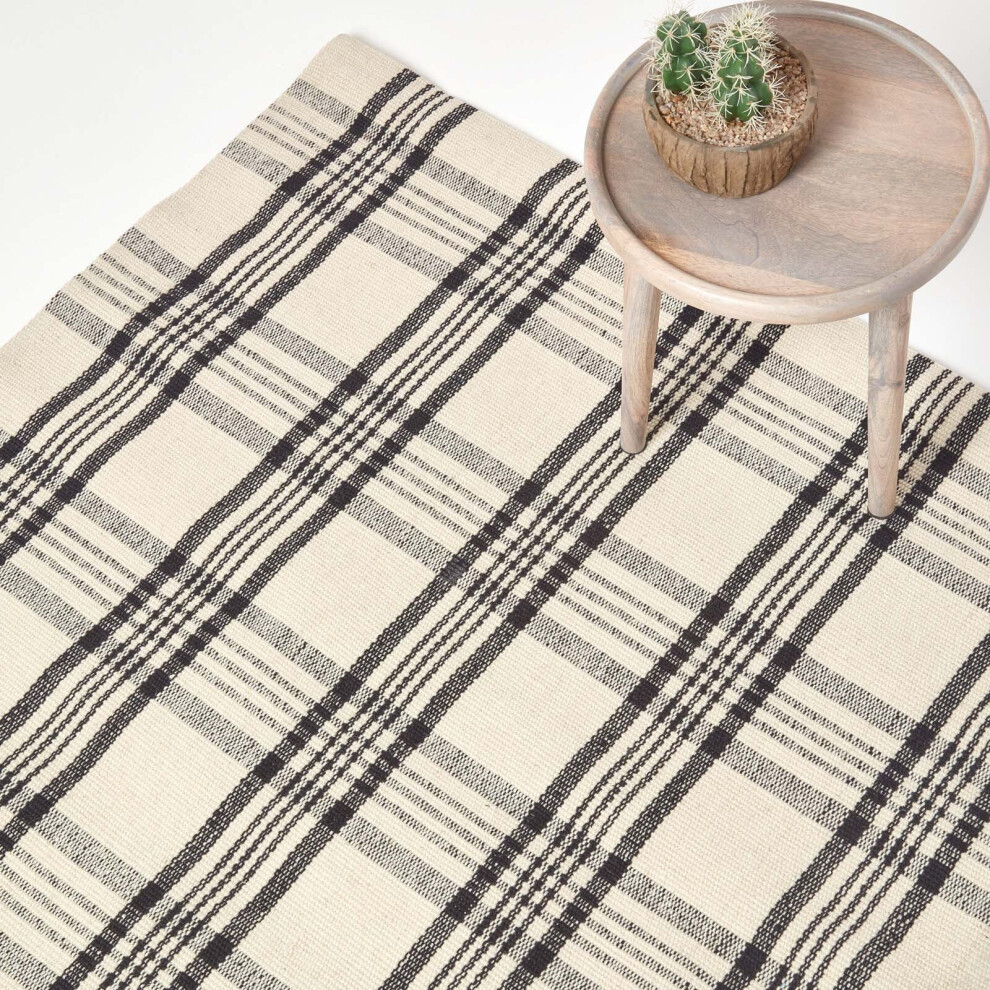 (70 x 120 cm, White & black) Tartan Check Non-Slip 100% Wool Rug