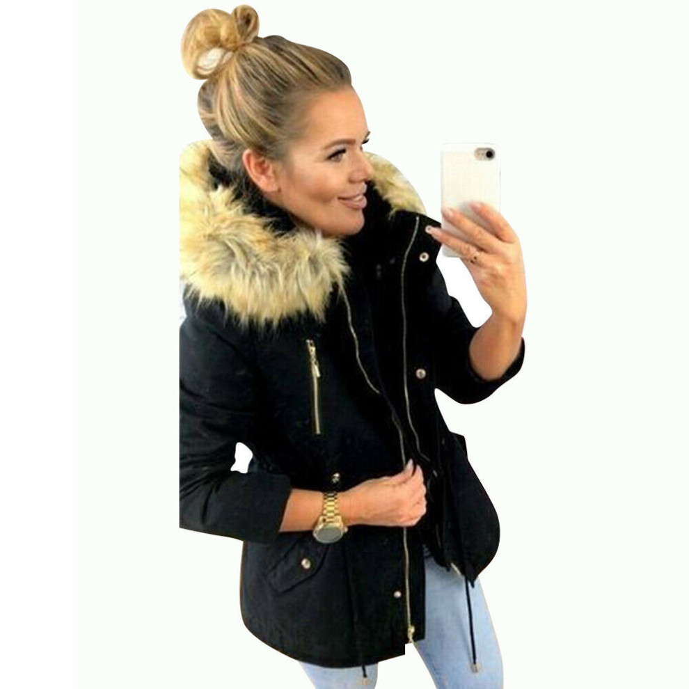 (Black, M) Winter Warm Womens Fur Lined Parka Hooded Jacket Thick Overcoats Outwear Coats