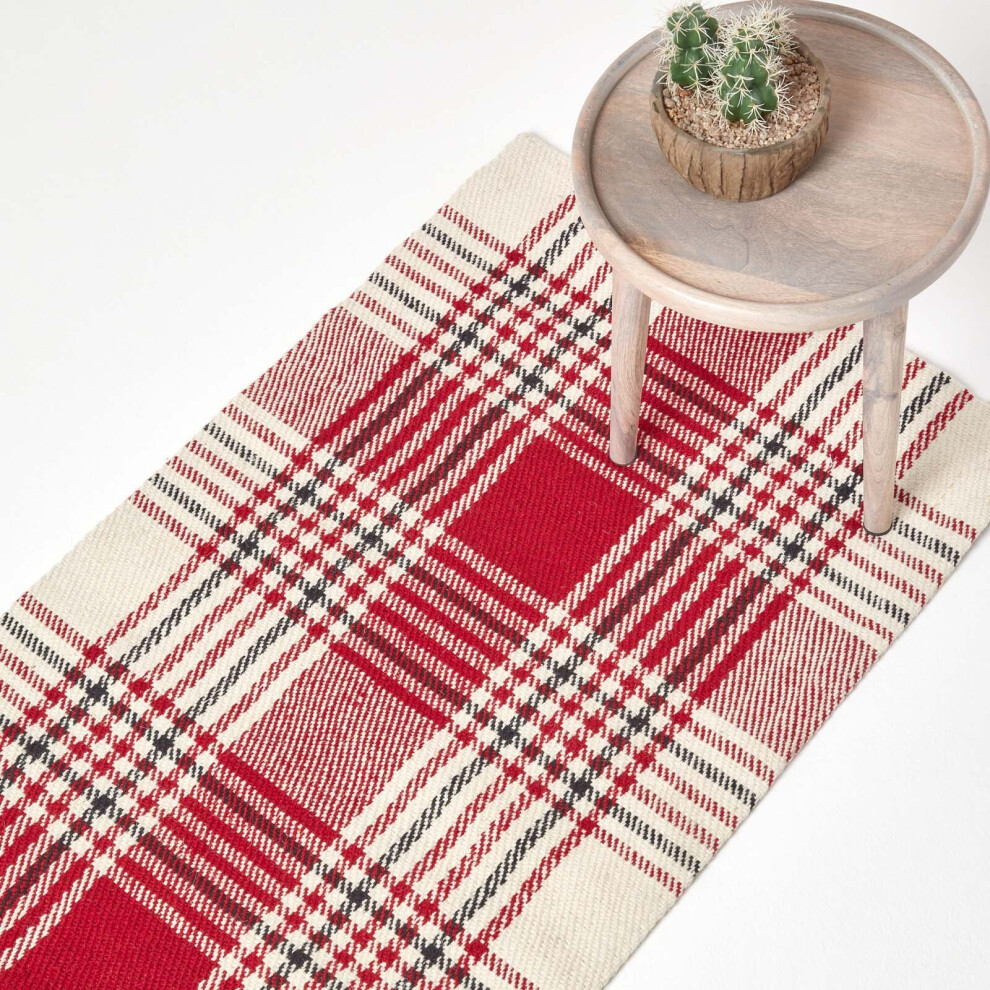 (66 x 200 cm, Red and white) Tartan Check Non-Slip 100% Wool Rug