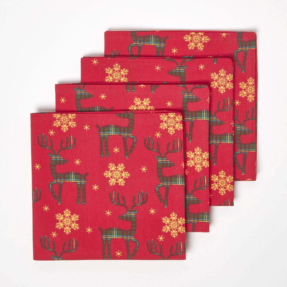 Homescapes Reindeer Christmas Napkins, Set Of 4 Red