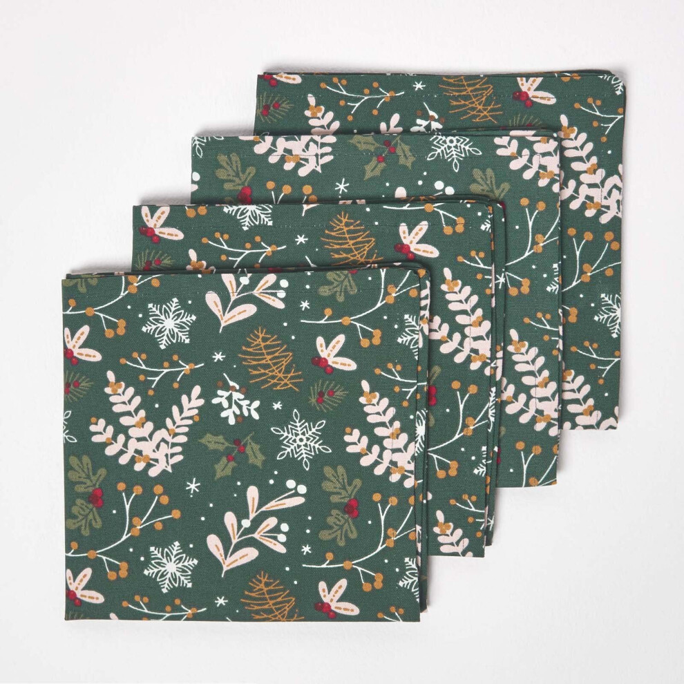 Homescapes Festive Forest Christmas Napkins, Set Of 4 Green