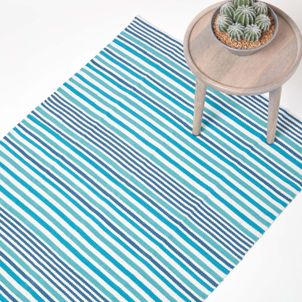 Homescapes (150 X 240 Cm, Aqua) Modern Scandinavian Style Striped Cotton Rug Blue