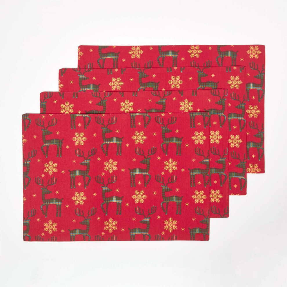 Homescapes Reindeer Christmas Placemats, Set Of 4 Red