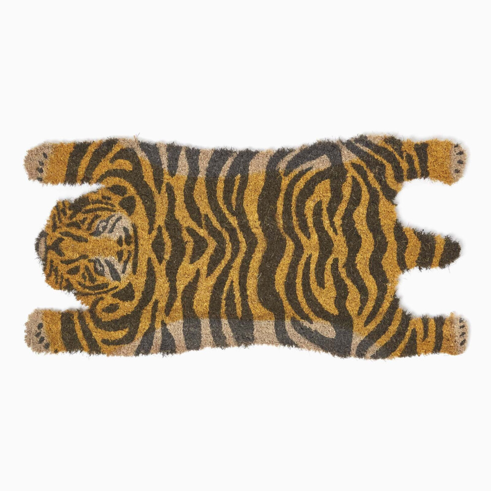 Homescapes Tiger Shaped Coir Animal Print Non-Slip Doormat Orange