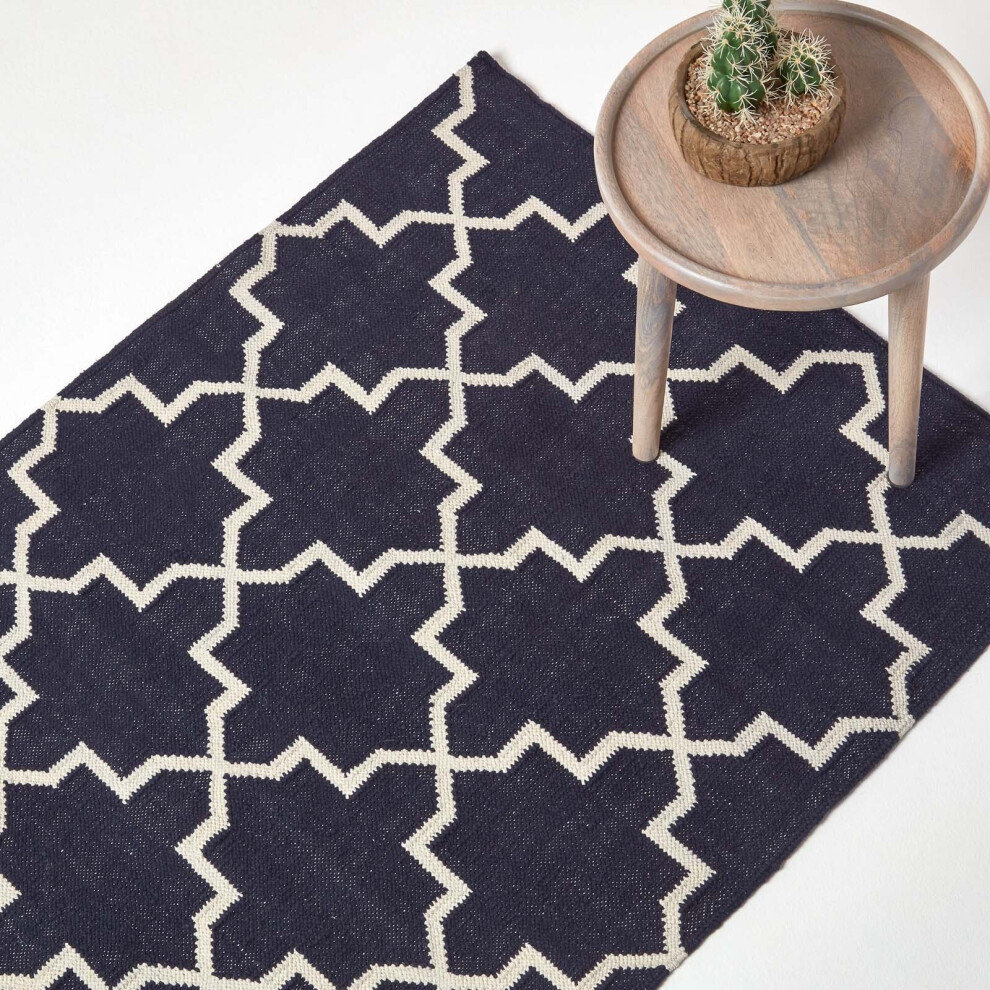 (120 x 170 cm) Edmonton Navy Blue and White 100% Cotton Geometric Pattern KIlim Rug