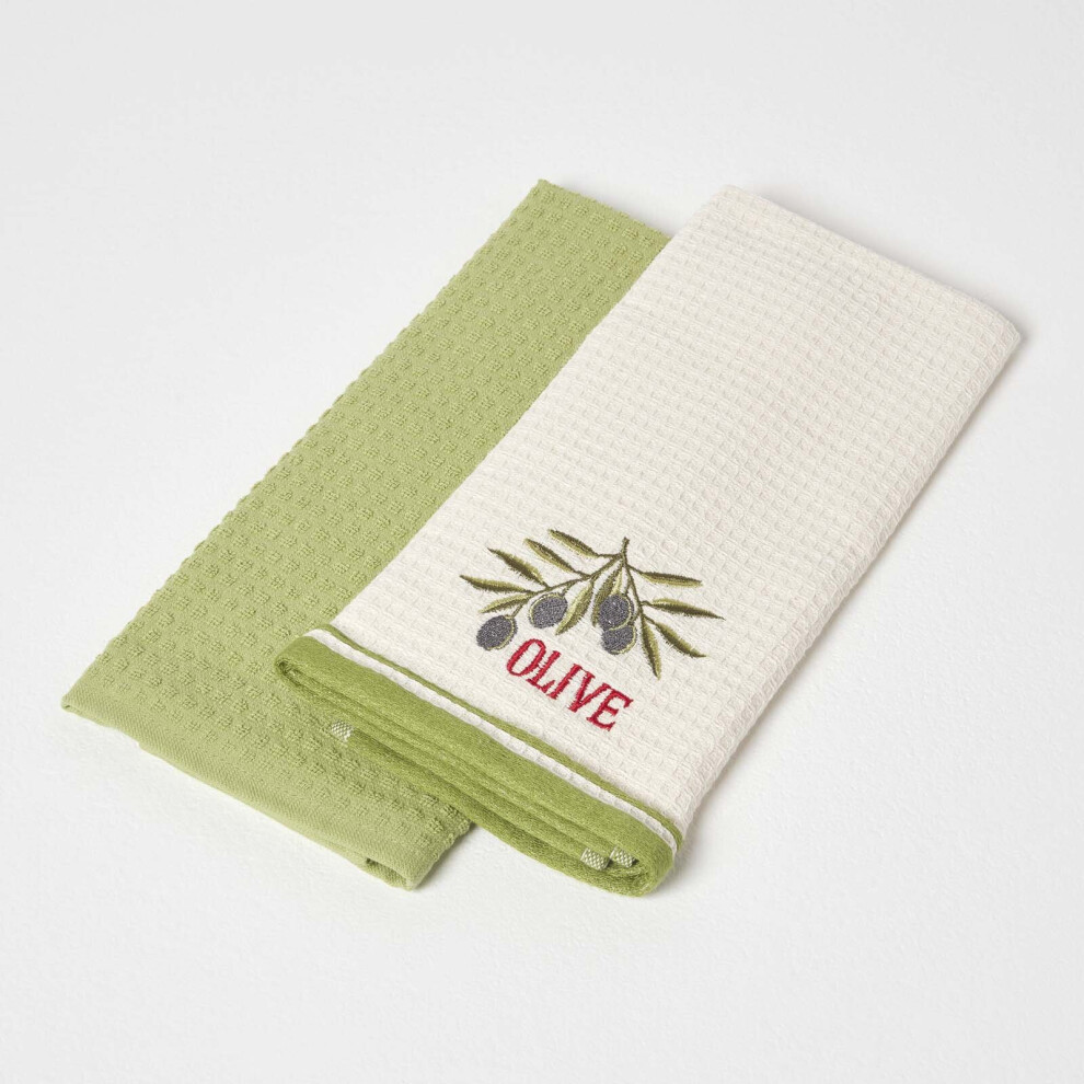 Homescapes (Green) Waffle Cotton Tea Towels, Set Of 2