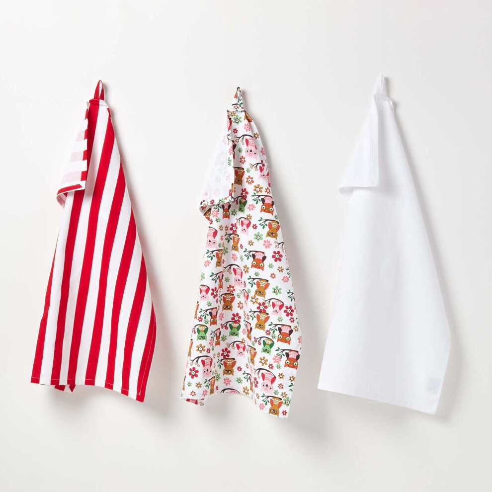 Homescapes Owls Cotton Tea Towels Set Of Three Red