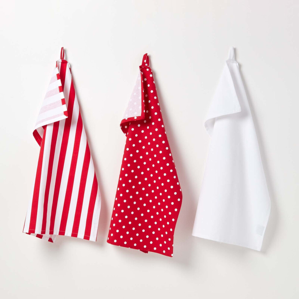 Homescapes Polka Dot Cotton Tea Towels Set Of Three Red