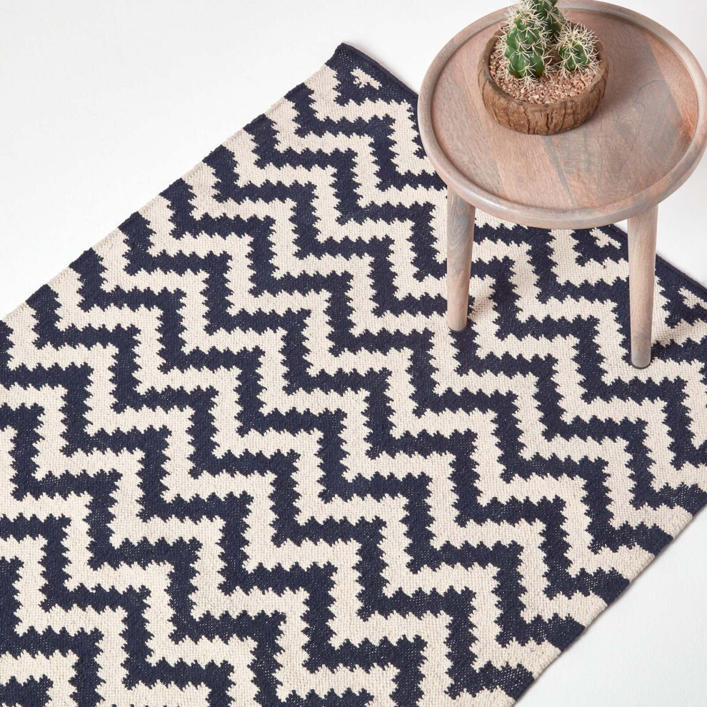 (160 x 230 cm) Casablanca Handwoven Zig Zag Pattern Dark Blue and White 100% Cotton Kilim Rug