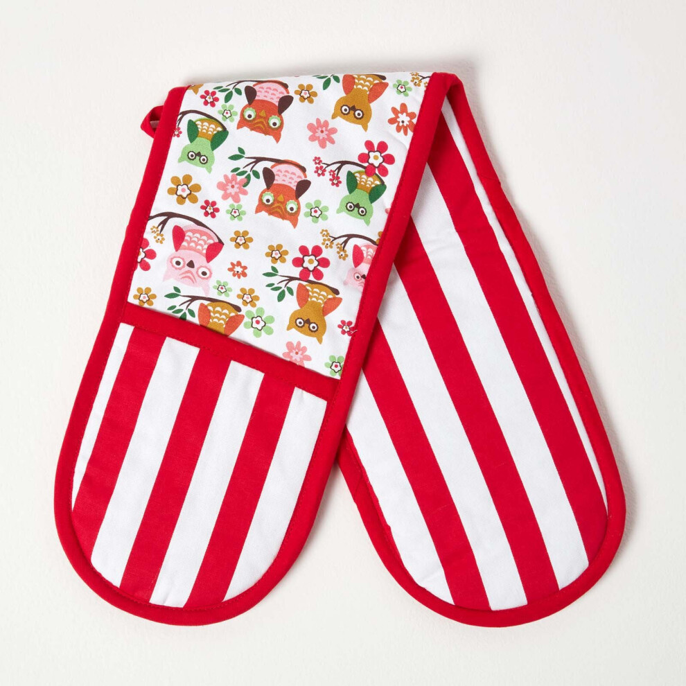 Homescapes Owls Cotton Double Oven Glove Red
