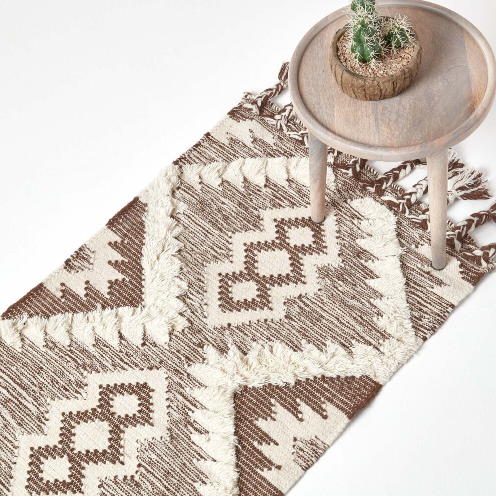 Homescapes (66 X 200 Cm) Lhasa Handwoven And Cream Textured Diamond Pattern Kilim Wool Rug Brown