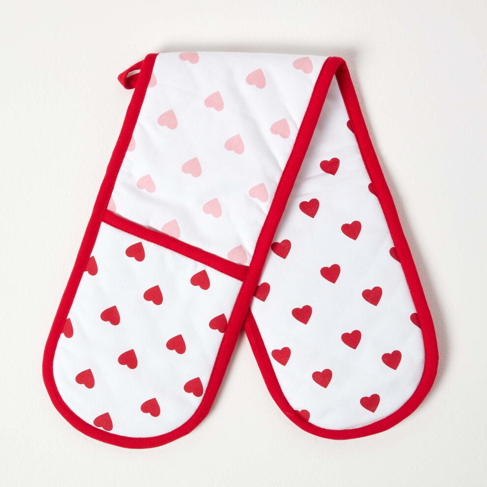 Homescapes Hearts Cotton Double Oven Glove Red