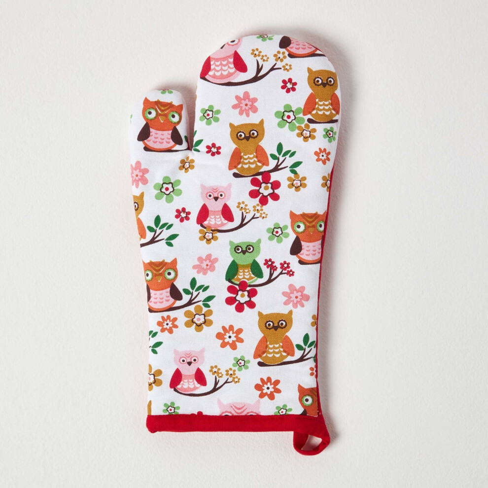 Homescapes Owls Cotton Oven Glove Red