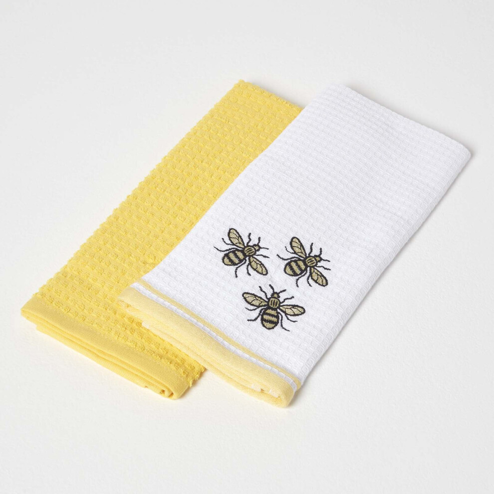 Homescapes (Yellow) Waffle Cotton Tea Towels, Set Of 2