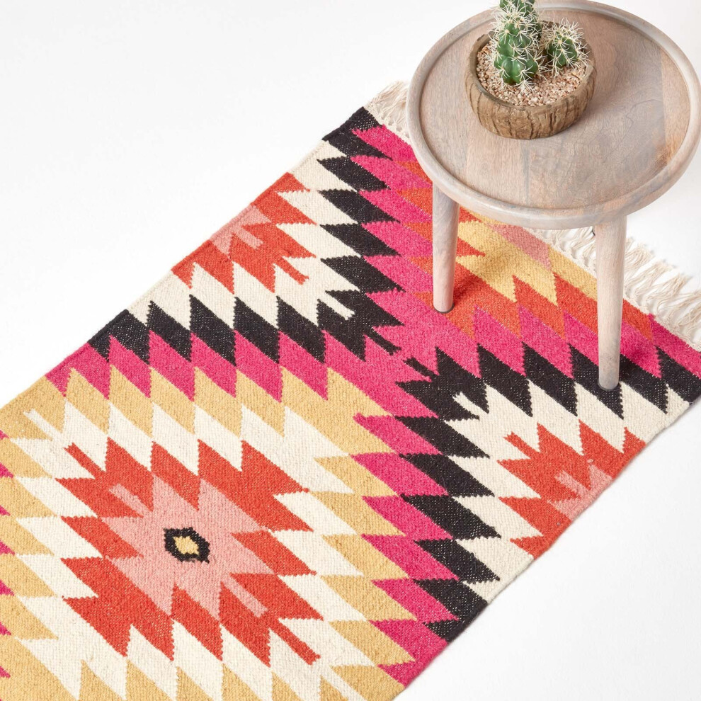 Homescapes (66 X 200 Cm) Jakarta Handwoven Pink, Orange And Yellow Multi Coloured Geometric Pattern Kilim Wool Rug