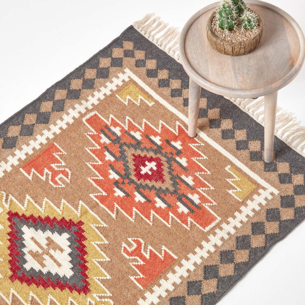 (160 x 230 cm) Jaipur Handwoven Brown and Orange Patterned Kilim Wool Rug