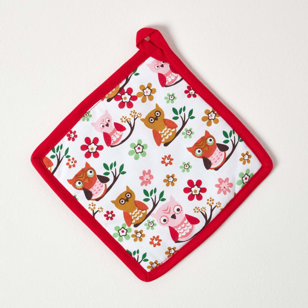 Homescapes Owls Cotton Pot Holder Red