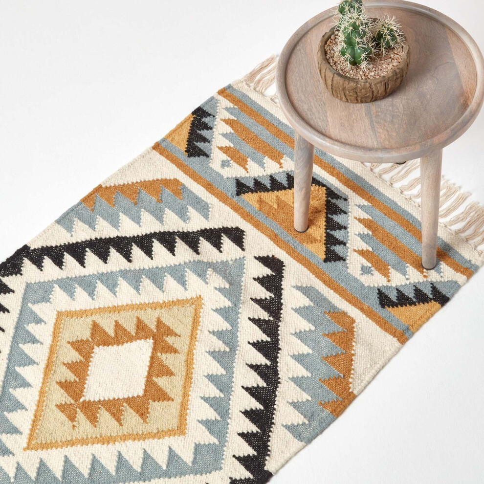 Homescapes (66 X 200 Cm) Agra Handwoven Ochre Gold, Silver Grey And Diamond Pattern Kilim Wool Rug Black