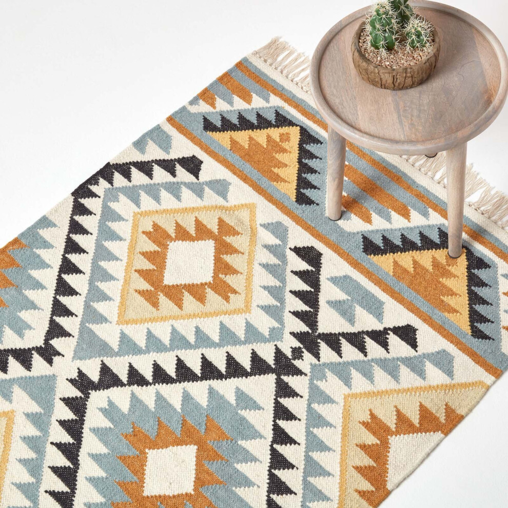 Homescapes (90 X 150 Cm) Agra Handwoven Ochre Gold, Silver Grey And Black Diamond Pattern Kilim Wool Rug