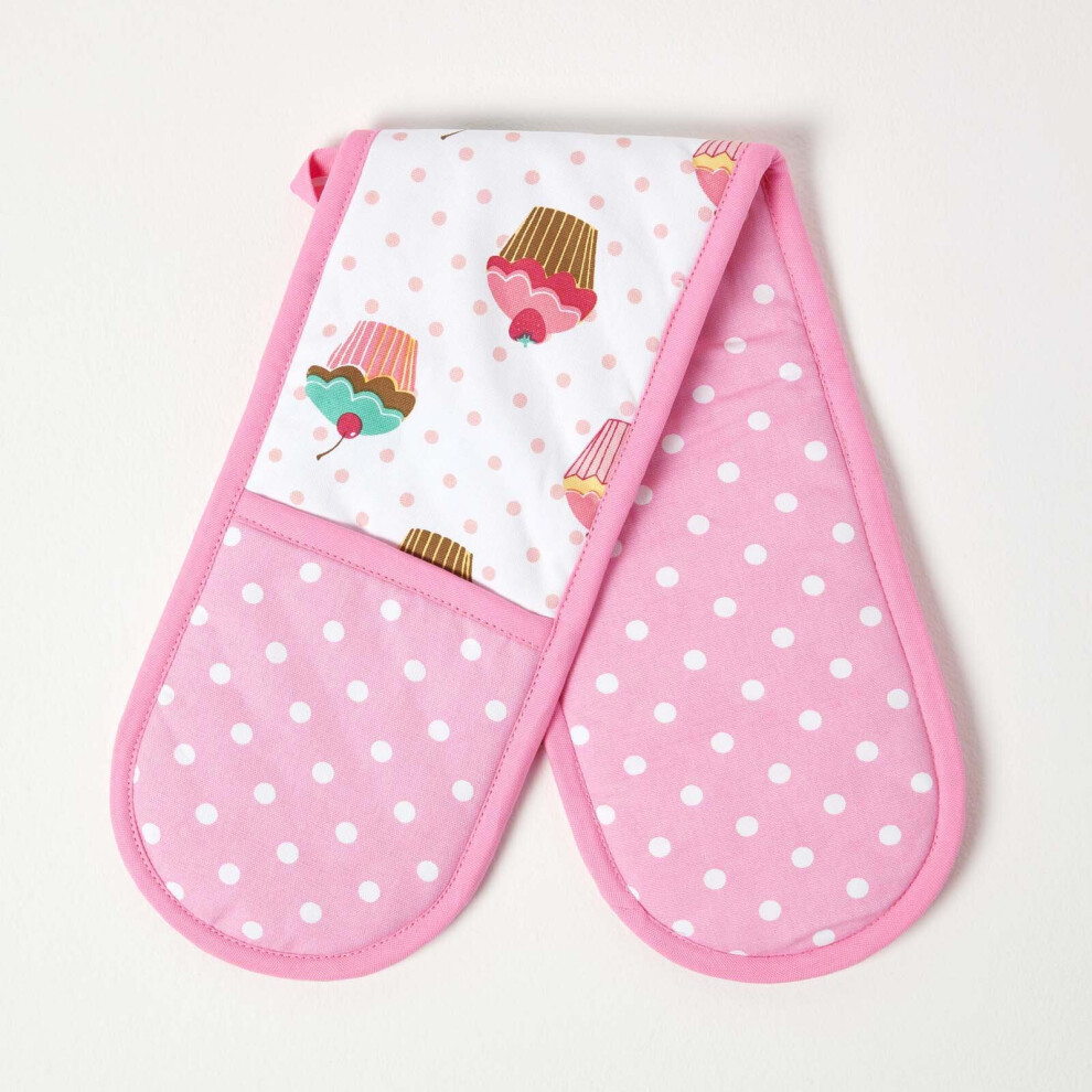 Homescapes Cotton Cupcakes Pink Blue Double Oven Glove Blue,Pink