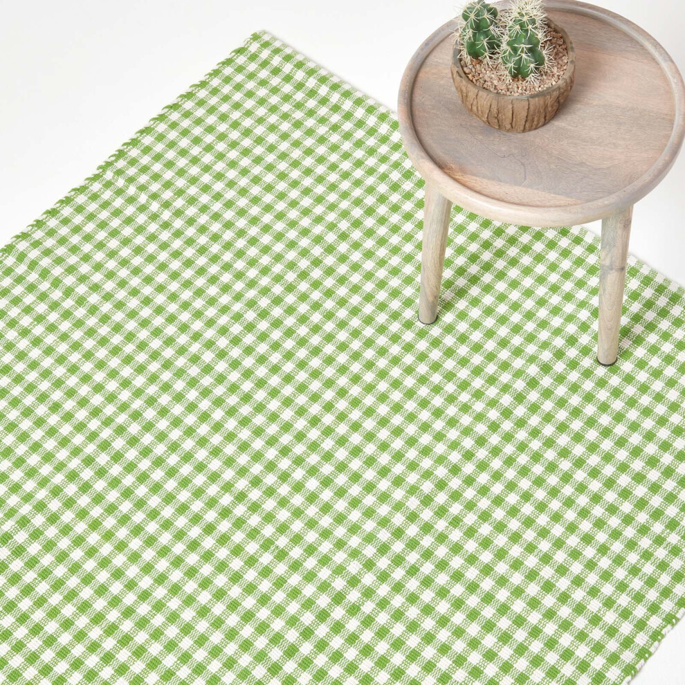 (70 x 120 cm, Green) Cotton Gingham Check Rug Hand Woven