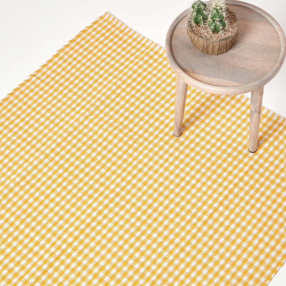 (70 x 120 cm, Yellow) Cotton Gingham Check Rug Hand Woven