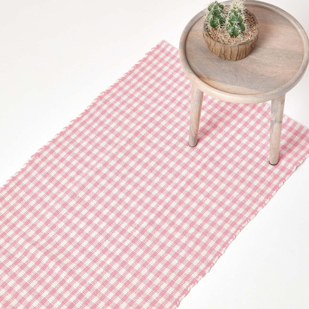Homescapes (66 X 200 Cm, Pink) Cotton Gingham Check Rug Hand Woven