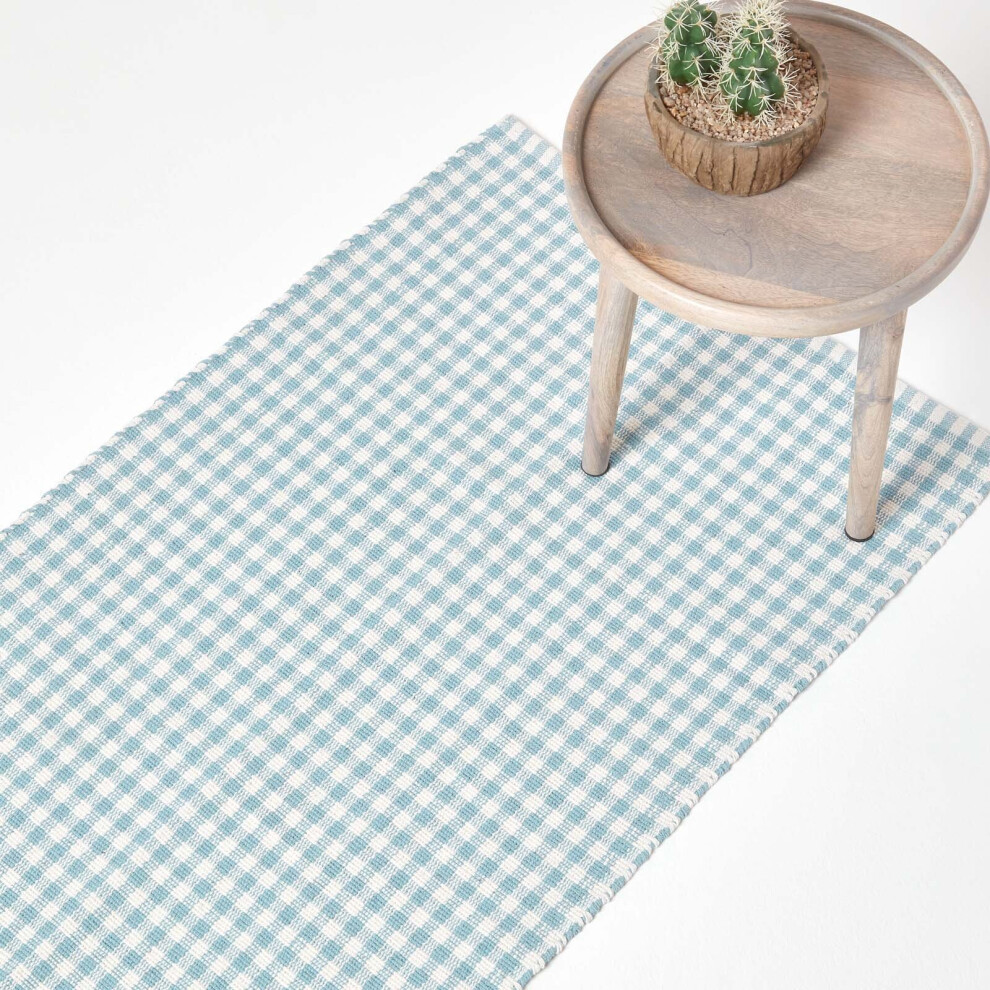 (66 x 200 cm, Blue) Cotton Gingham Check Rug Hand Woven