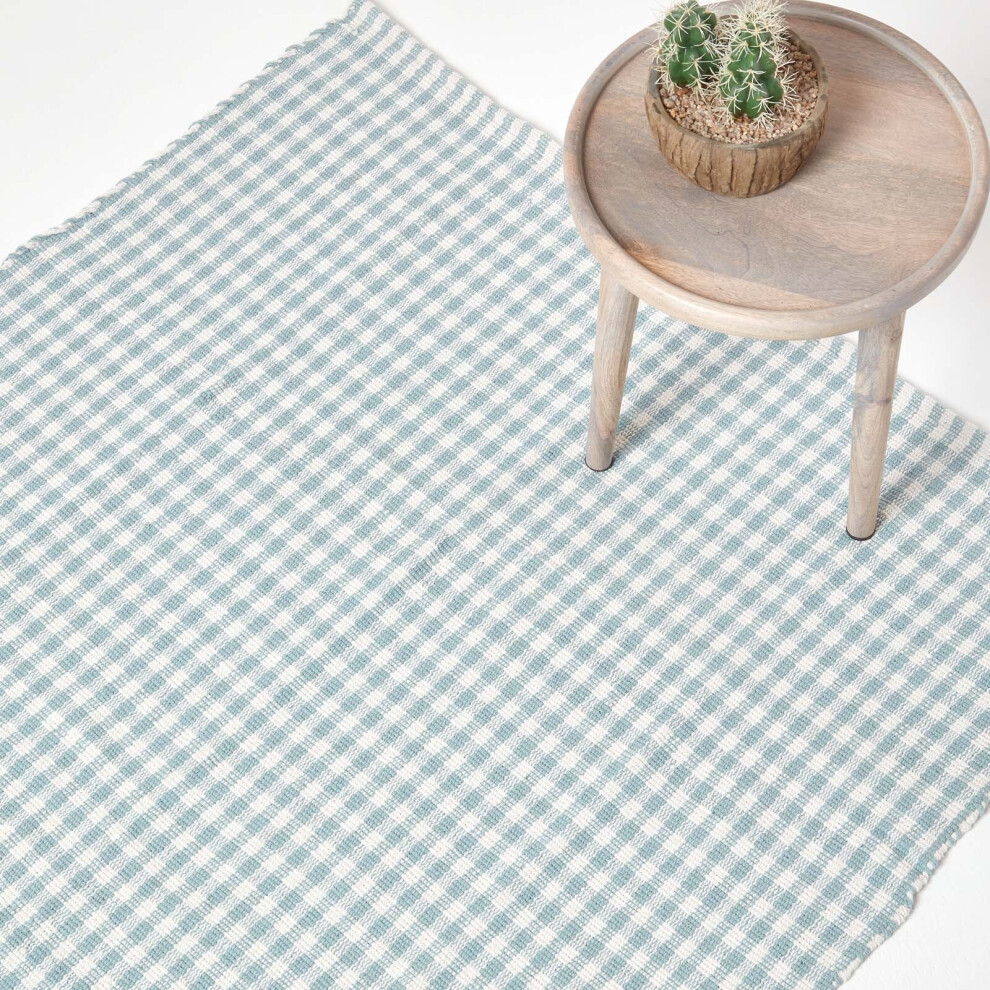 Homescapes (70 X 120 Cm, Blue) Cotton Gingham Check Rug Hand Woven