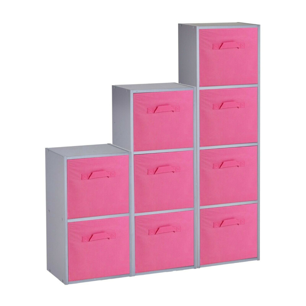 (Grey, Dark Pink) 9 Cubed Wooden Storage Units Shelves + 9 Drawers