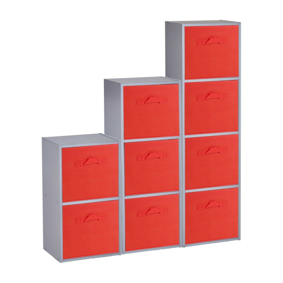 (Grey, Red) 9 Cubed Wooden Storage Units Shelves + 9 Drawers