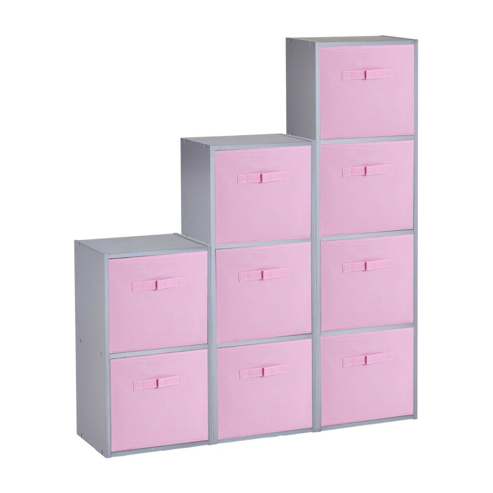 (Grey, Light Pink) 9 Cubed Wooden Storage Units Shelves + 9 Drawers