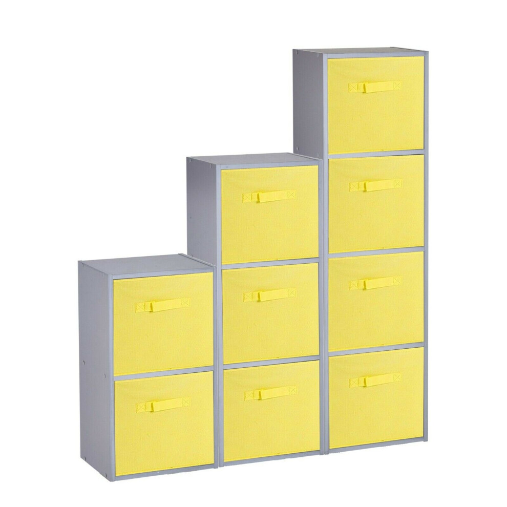 (Grey, Yellow) 9 Cubed Wooden Storage Units Shelves + 9 Drawers