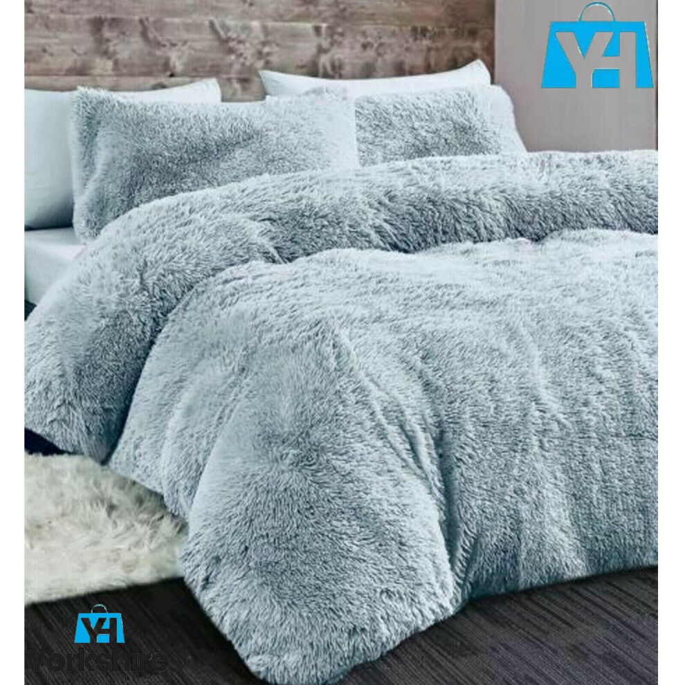 (Single Silver) Long Pile Teddy Fleece Duvets Quilts Cover Set Warm Fluffy Bedding Pillow Case