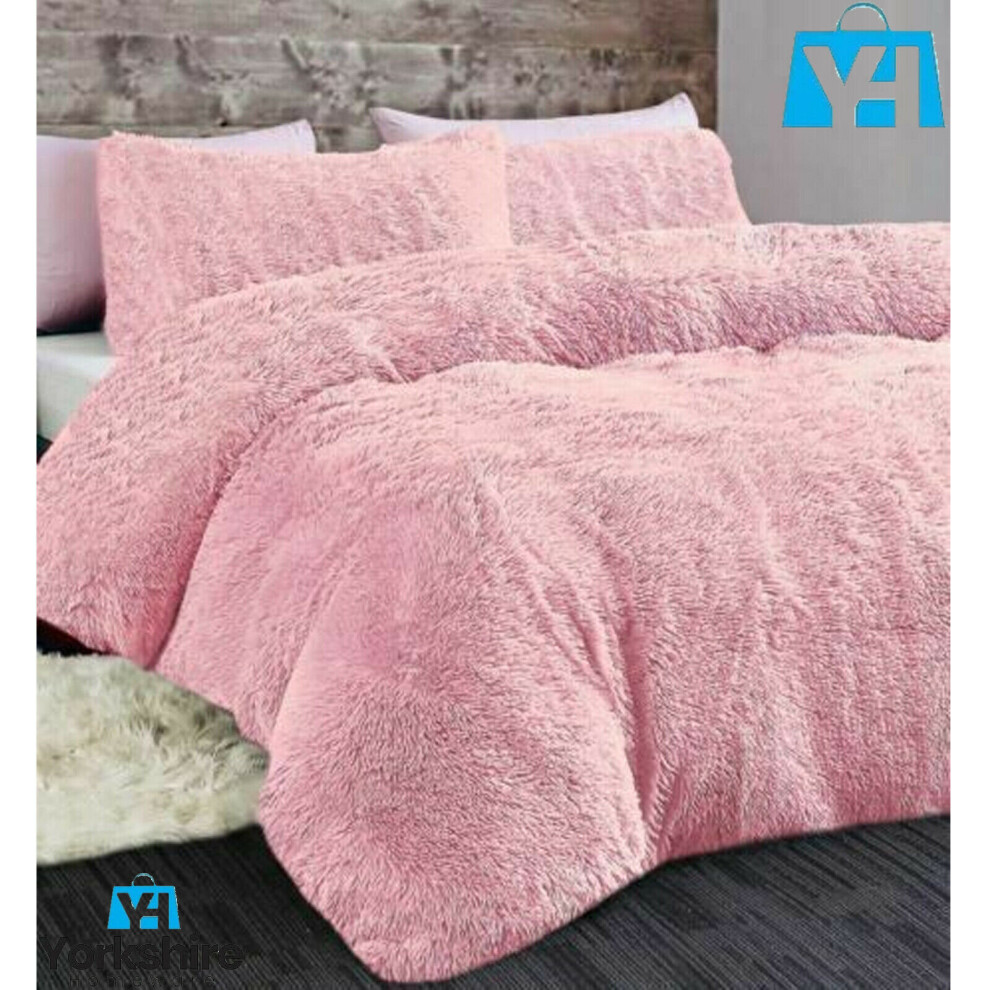 (Double Blush Pink) Long Pile Teddy Fleece Duvets Quilts Cover Set Warm Fluffy Bedding Pillow Case