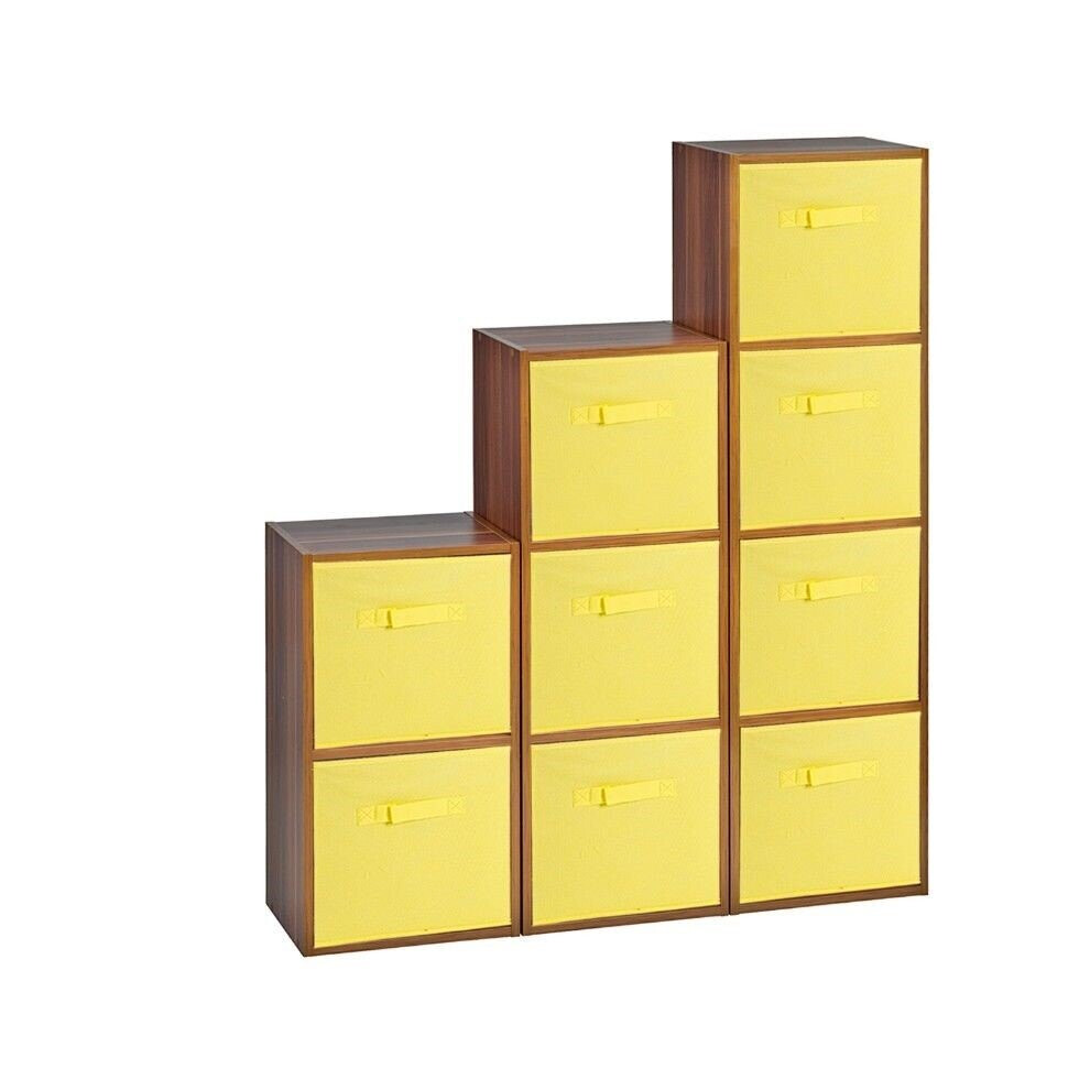 (Teak, Yellow) 9 Cubed Wooden Storage Units Shelves + 9 Drawers