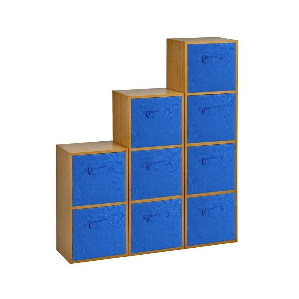 (Beech, Dark Blue) 9 Cubed Wooden Storage Units Shelves + 9 Drawers