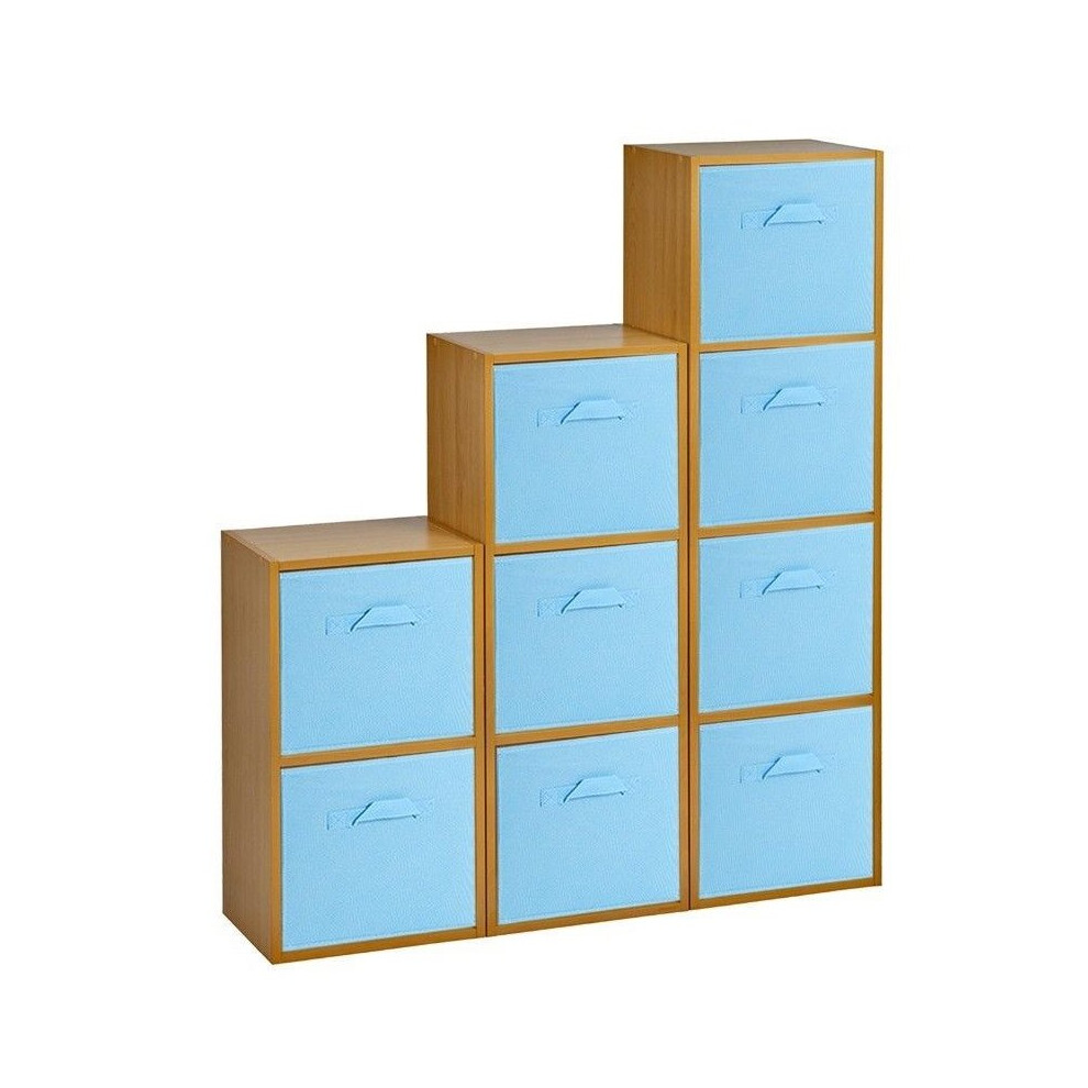 (Beech, Sky Blue) 9 Cubed Wooden Storage Units Shelves + 9 Drawers