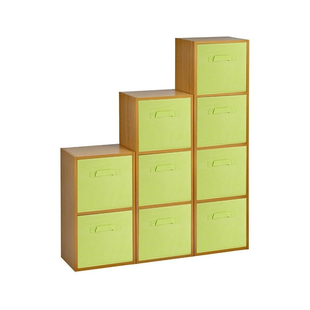 (Beech, Green) 9 Cubed Wooden Storage Units Shelves + 9 Drawers