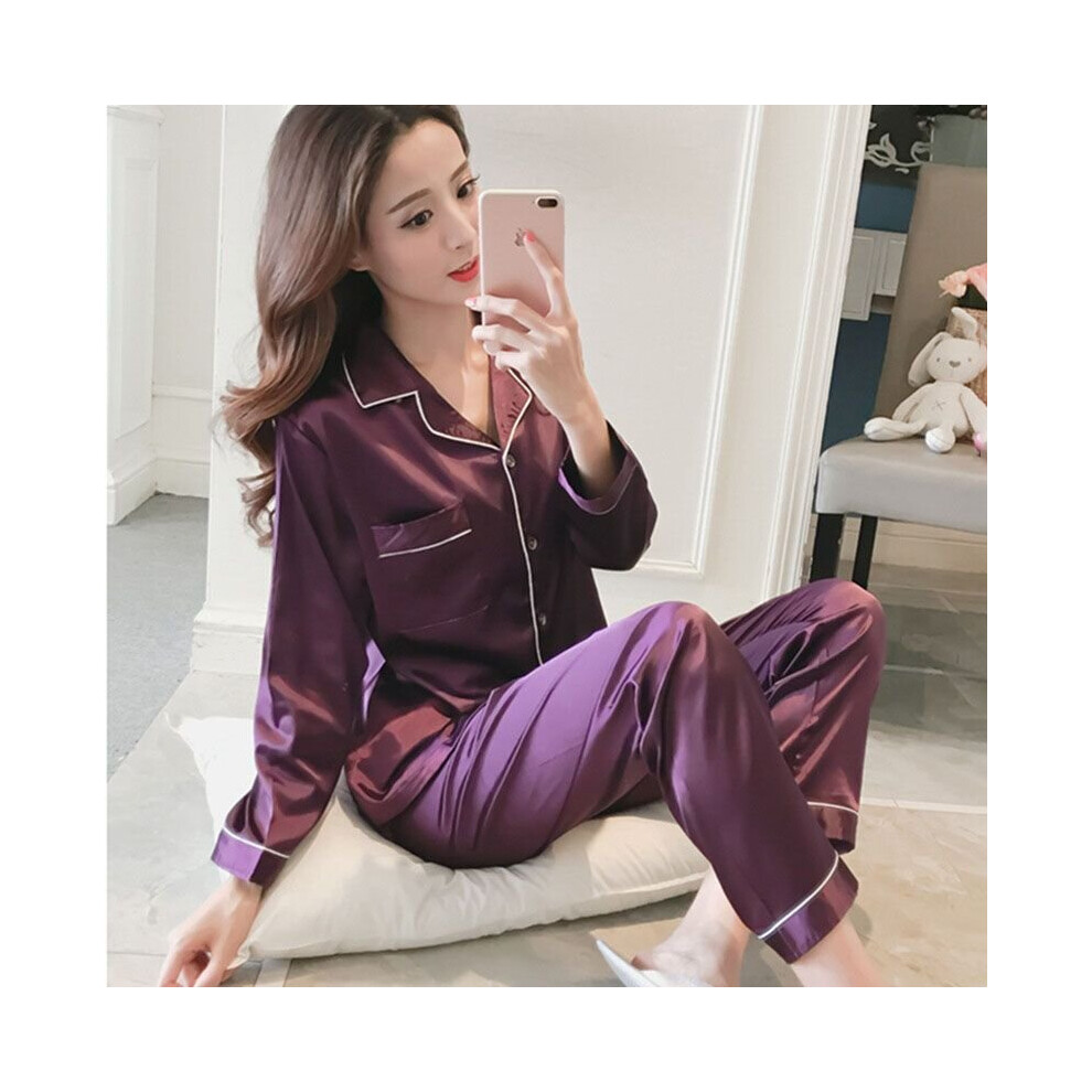 (Purple, M) Ladies Womens Long Sleeve Ice Fabric Pyjamas PJs Soft Sleepwear Nightwear Set