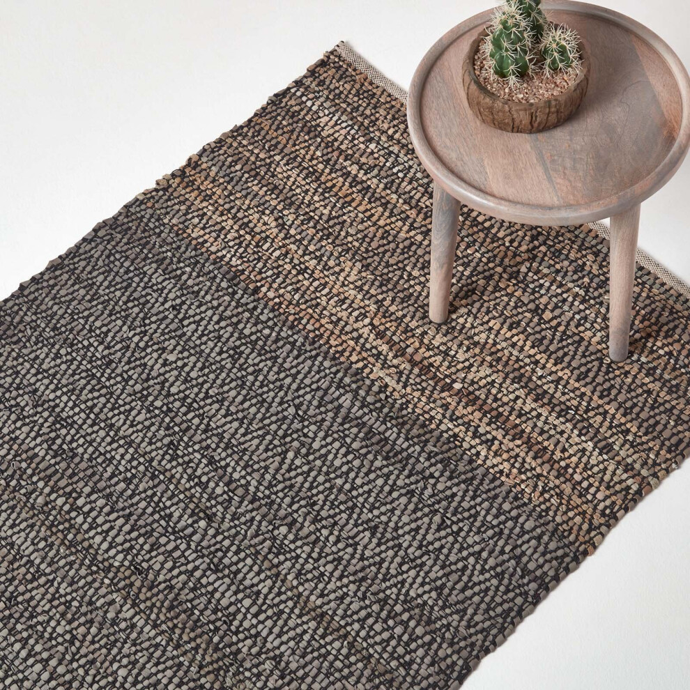 Recycled Leather Handwoven Herringbone Hall Runner, 66 x 200 cm