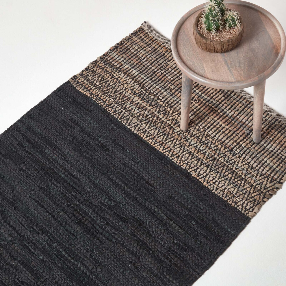 Homescapes (120 X 180 Cm, Black) Recycled Leather Handwoven Herringbone Rug