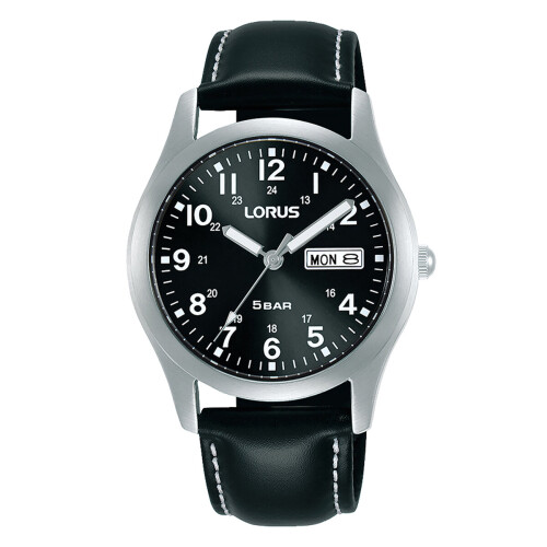 Lorus Mens Classic Watch with Black Leather Strap & Black Dial