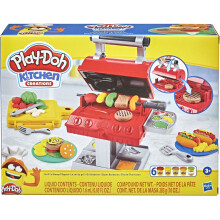 Play-Doh Kitchen Creations Grill 'n Stamp Spielset f  r Kinder ab 3 Jahren mit 6 ungiftigen Modelliermassenfarben und 7 Grillspielzeug-Zubeh  rteil