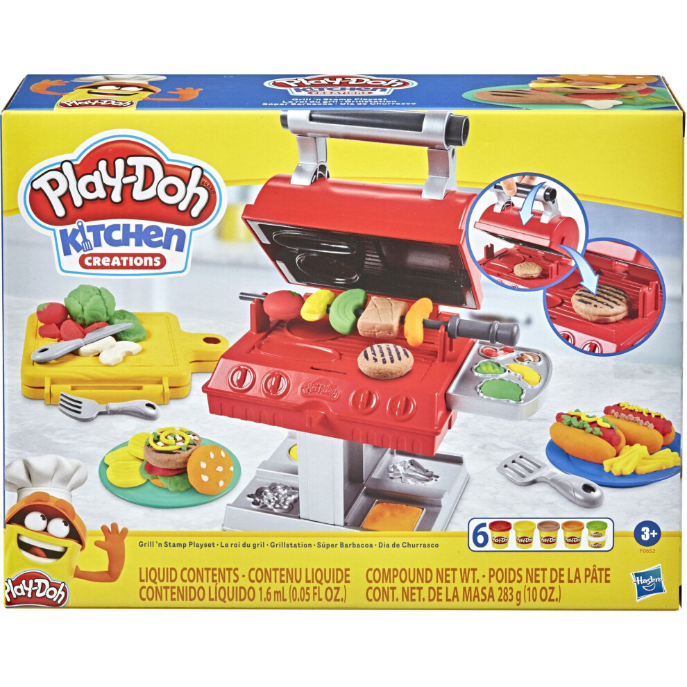 Play-Doh Kitchen Creations Grill 'N Stamp Playset For Kids 3 Years And Up With 6 Non-Toxic Modeling Compound Colors And 7 Barbecue Toy Accessorie