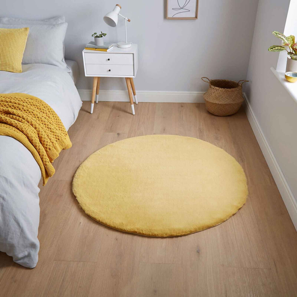(Yellow) Super Soft Fluffy Round Circle Shaggy Rug Mat 120cm Plain Pastel Colour Thick 6cm Shag Pile Area Carpet