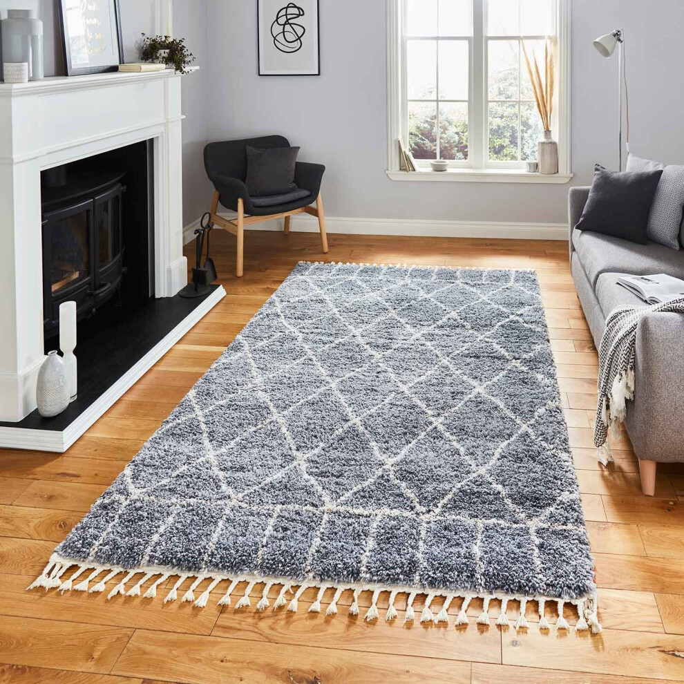 (Diamond - Grey, 80 x 150 cm) Tribal Shaggy Rug Scandi Living Room Bedroom Rugs Geometric Berber Style Nordic Shaggy Rugs Fringe Thick 5cm Pile Mat